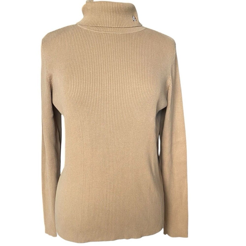 Lauren Ralph Lauren Ribbed Turtleneck Sweater Womens XL Tan Cotton Classic